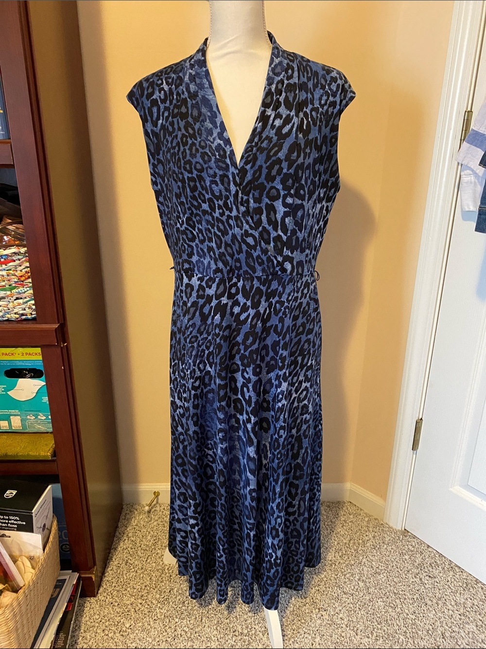 London Times Blue Leopard-Print V-Neck Midi Dress